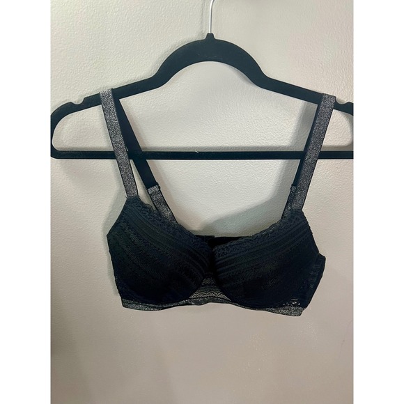 SHEIN Other - Black Lace Push Up Bra Silver Glitter Metallic Straps Underwire Size 85C SHEIN